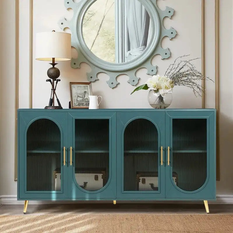 Mid-Century Modern Style 59.8 Wide Sideboard Buffet with Fluted Tempered Glass Doors and Adjustable Shelves