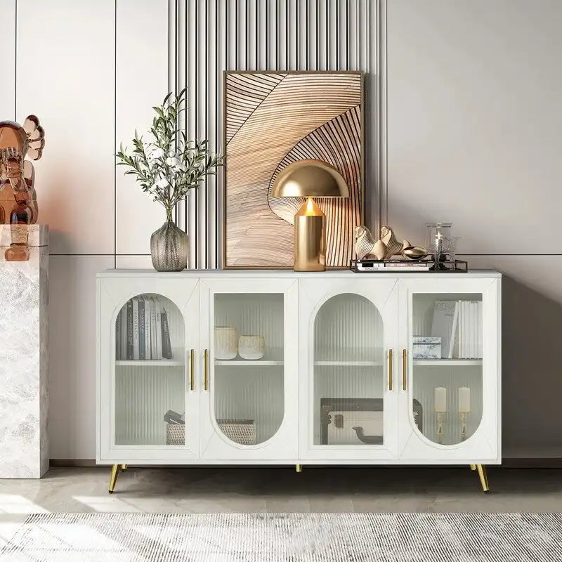 Mid-Century Modern Style 59.8 Wide Sideboard Buffet with Fluted Tempered Glass Doors and Adjustable Shelves