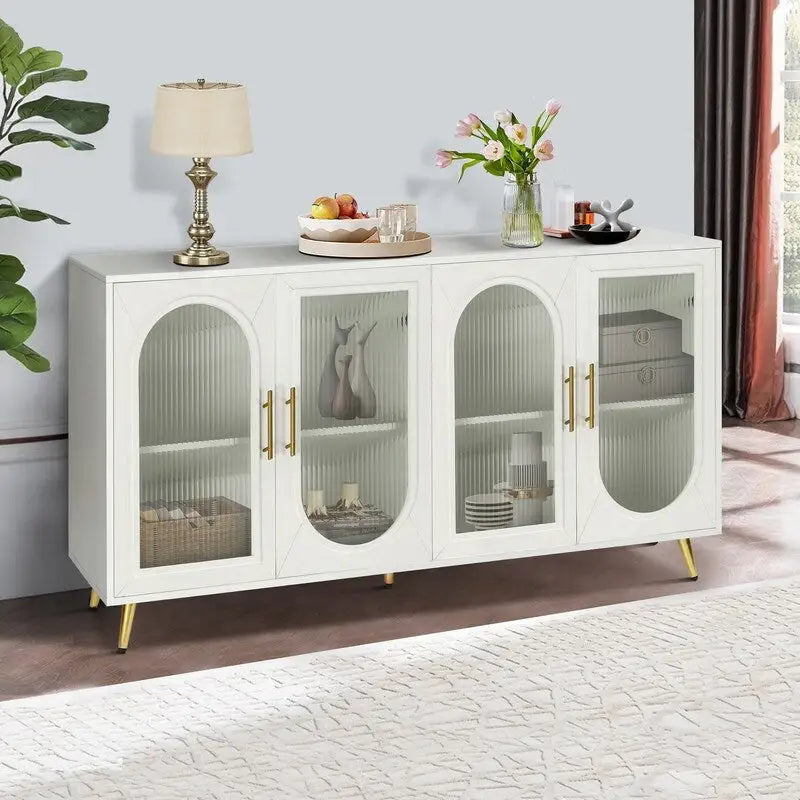 Mid-Century Modern Style 59.8 Wide Sideboard Buffet with Fluted Tempered Glass Doors and Adjustable Shelves