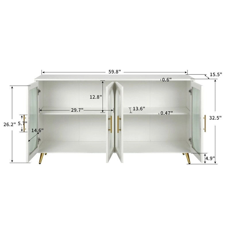 Mid-Century Modern Style 59.8 Wide Sideboard Buffet with Fluted Tempered Glass Doors and Adjustable Shelves