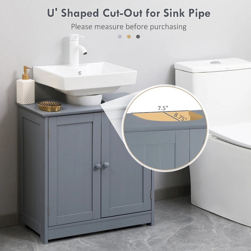 Under Sink Bathroom Cabinet with 2 Doors and Shelf, Pedestal Sink Vanity Cabinet, Gray