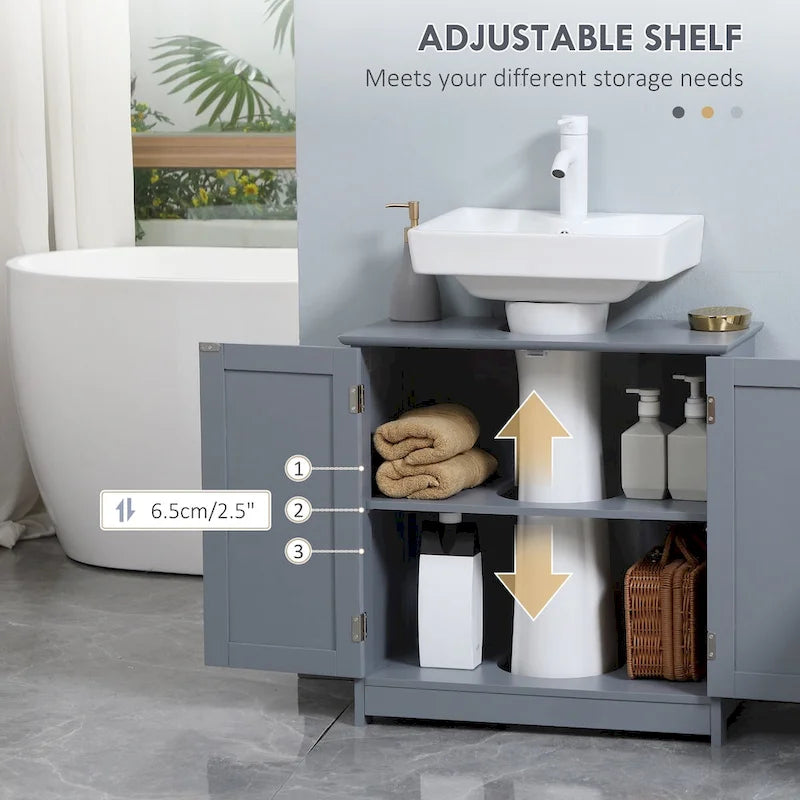 Meuble bas de salle de bain sous évier à 2 portes et étagère, Meuble sous lavabo à colonne, Gris