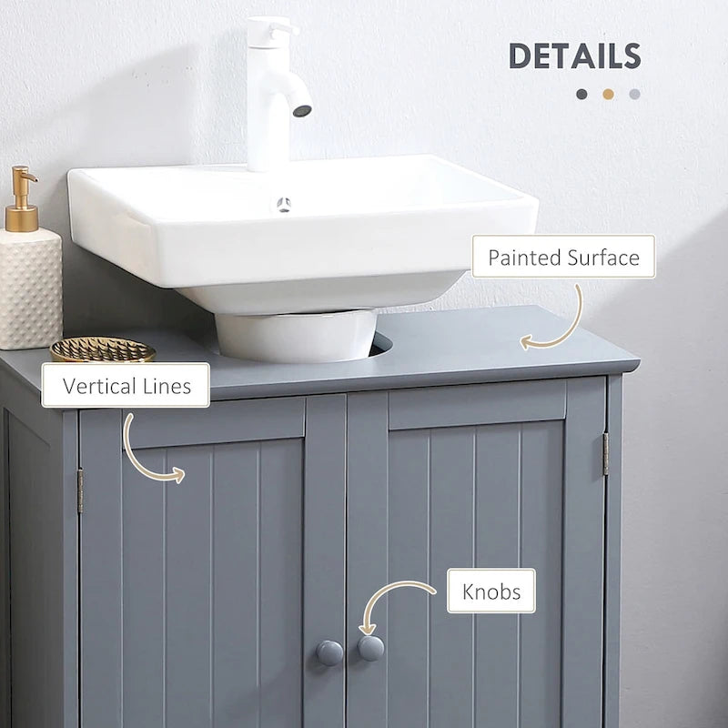 Meuble bas de salle de bain sous évier à 2 portes et étagère, Meuble sous lavabo à colonne, Gris