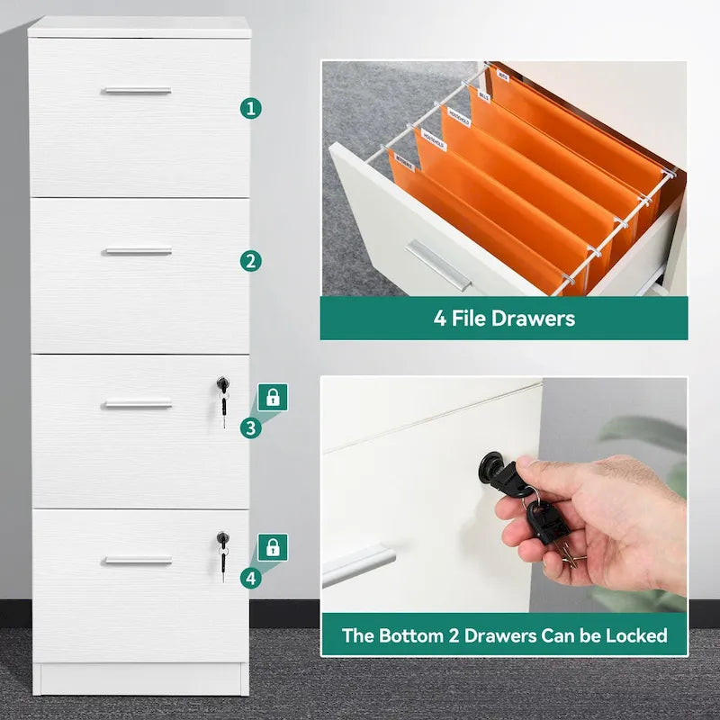 Classeur à 4 tiroirs, meuble de rangement vertical verrouillable pour bureau à domicile